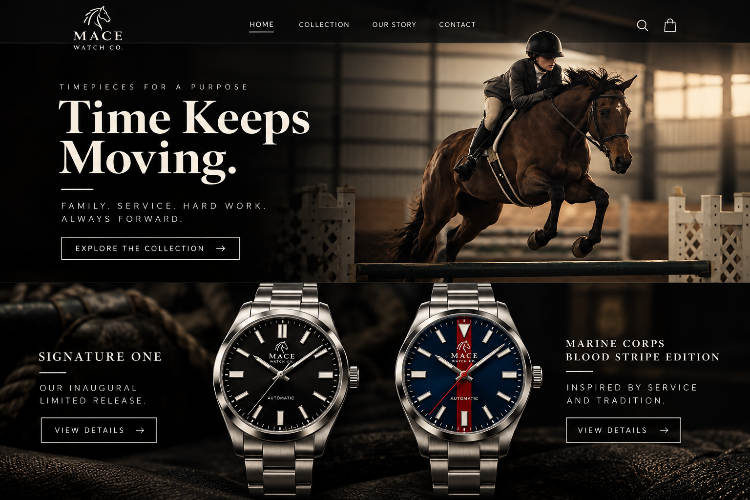 MACE Watch Co. homepage with Time Keeps Moving headline, equestrian photograph, Signature One black dial watch and Marine Corps Blood Stripe blue dial watch